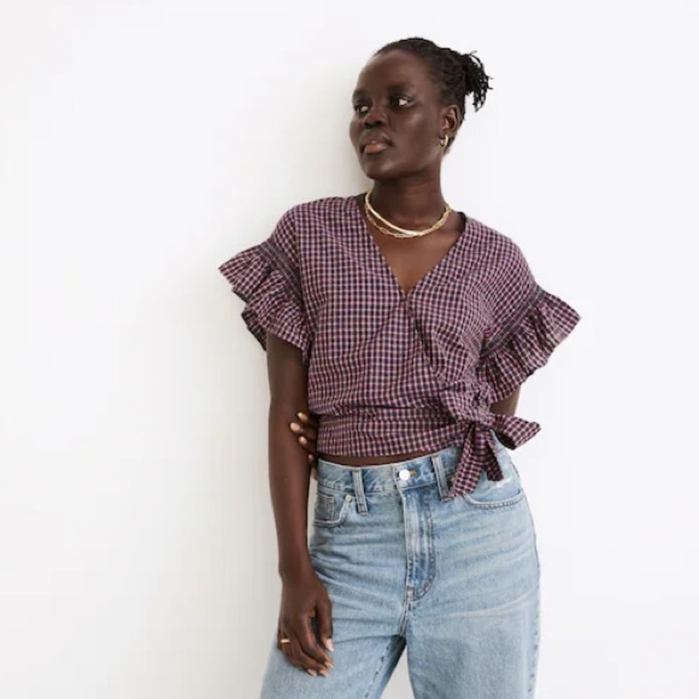 NWT Madewell Navy and Pink Plaid Flutter-Sleeve Side-Tie Wrap Top - 2X Plus